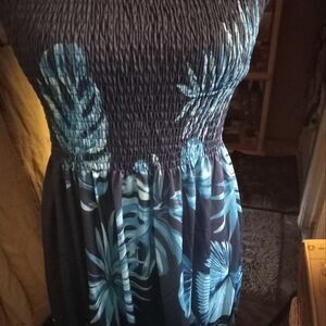 New,strapless smocked tropical navy with green leaves beach coverup size medium.